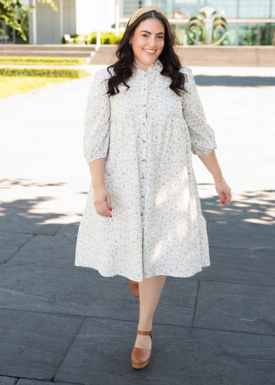 Plus size taupe floral button dress