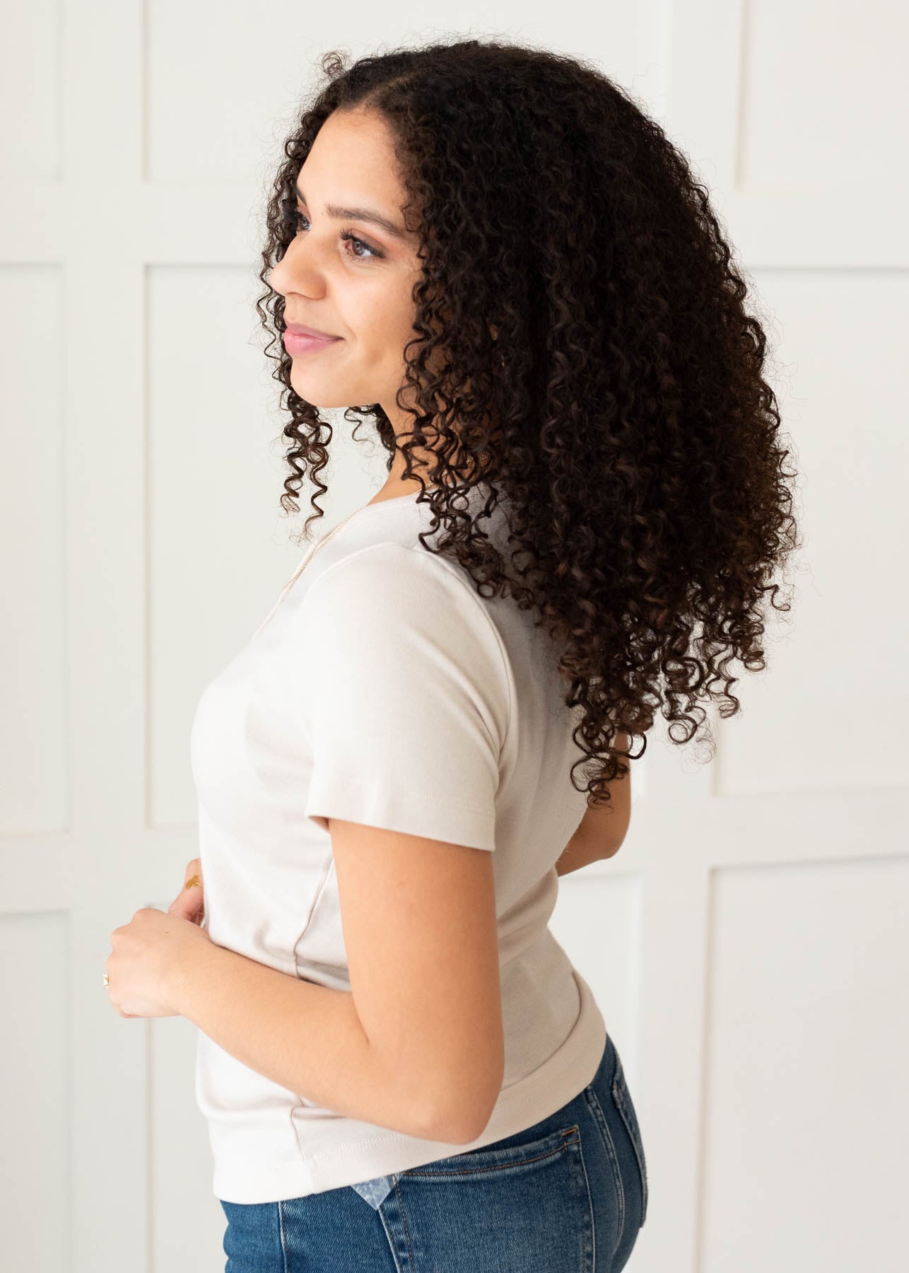 Side view of the oatmeal ribbed top