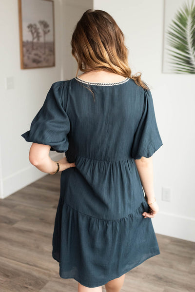 Back view of the navy tie dress