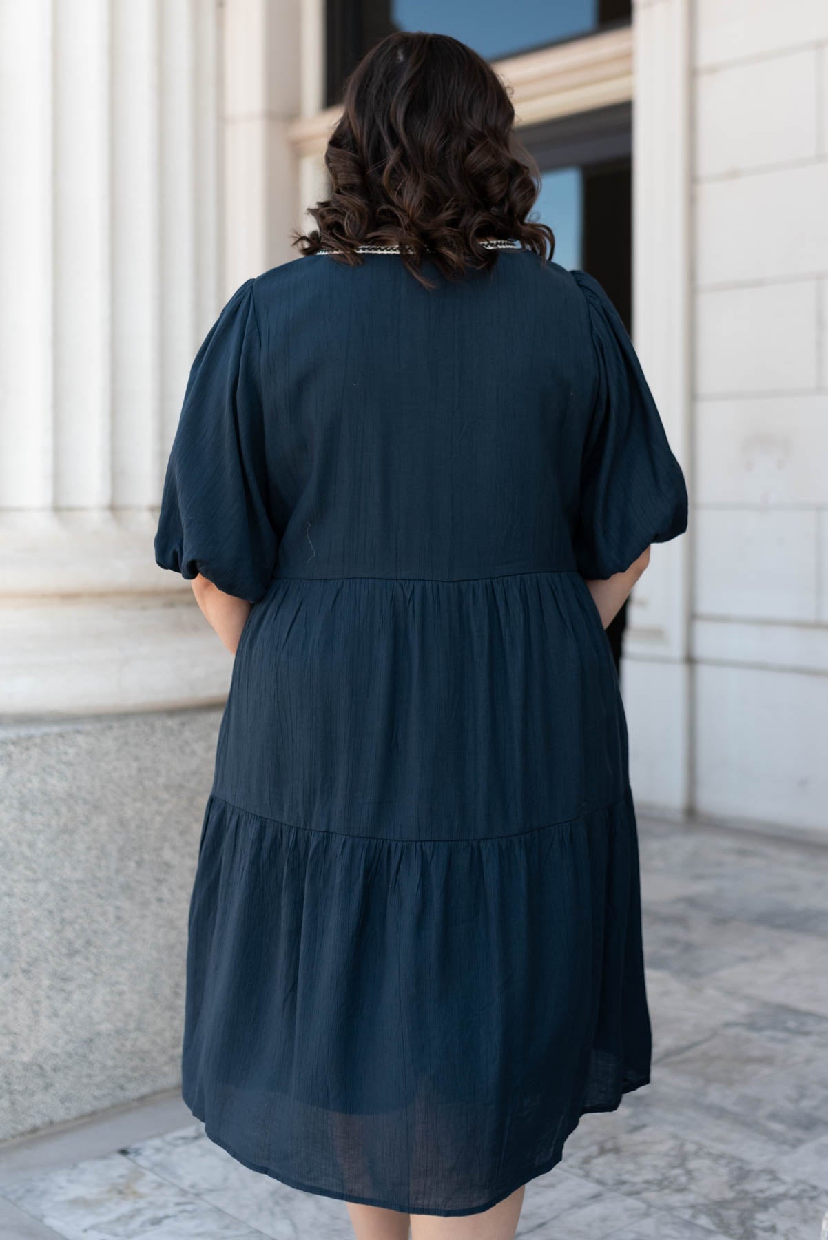 Back view of the plus size navy tie dress