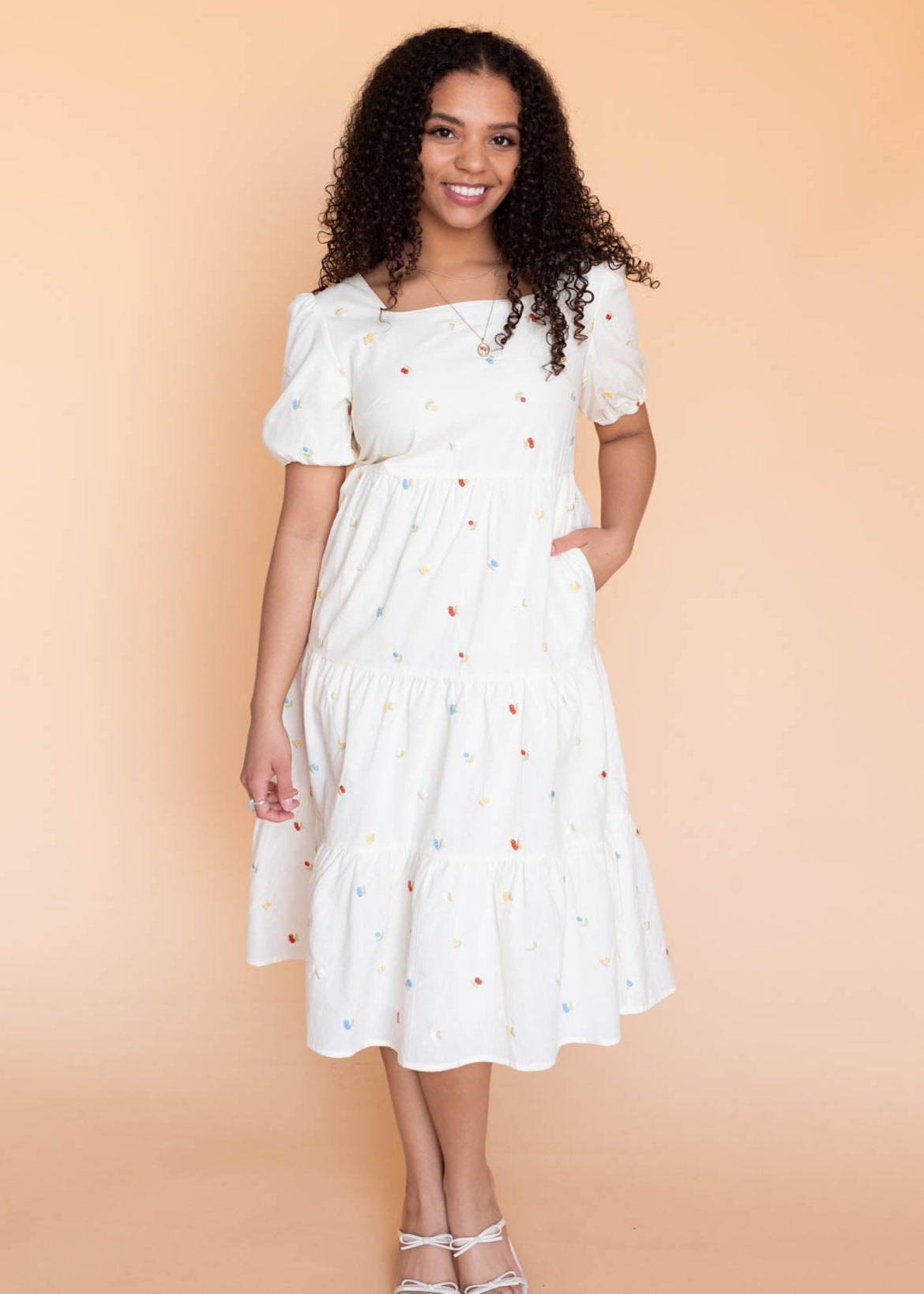 Cream floral embroidered dress with pockets