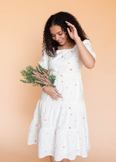 Tiered cream floral embroidered dress