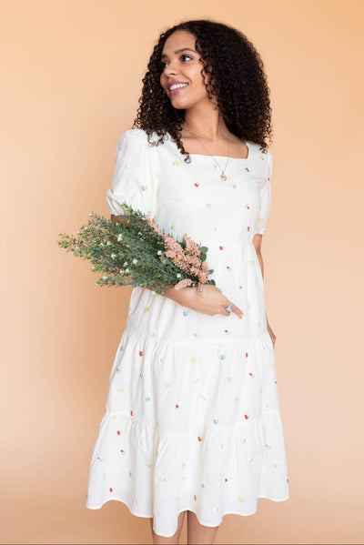 Cream floral embroidered dress with square neck