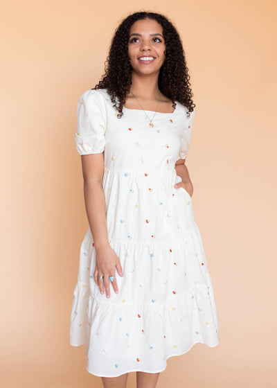 Cream floral embroidered dress