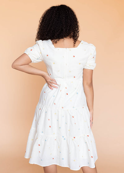 Back view of the cream floral embroidered dress