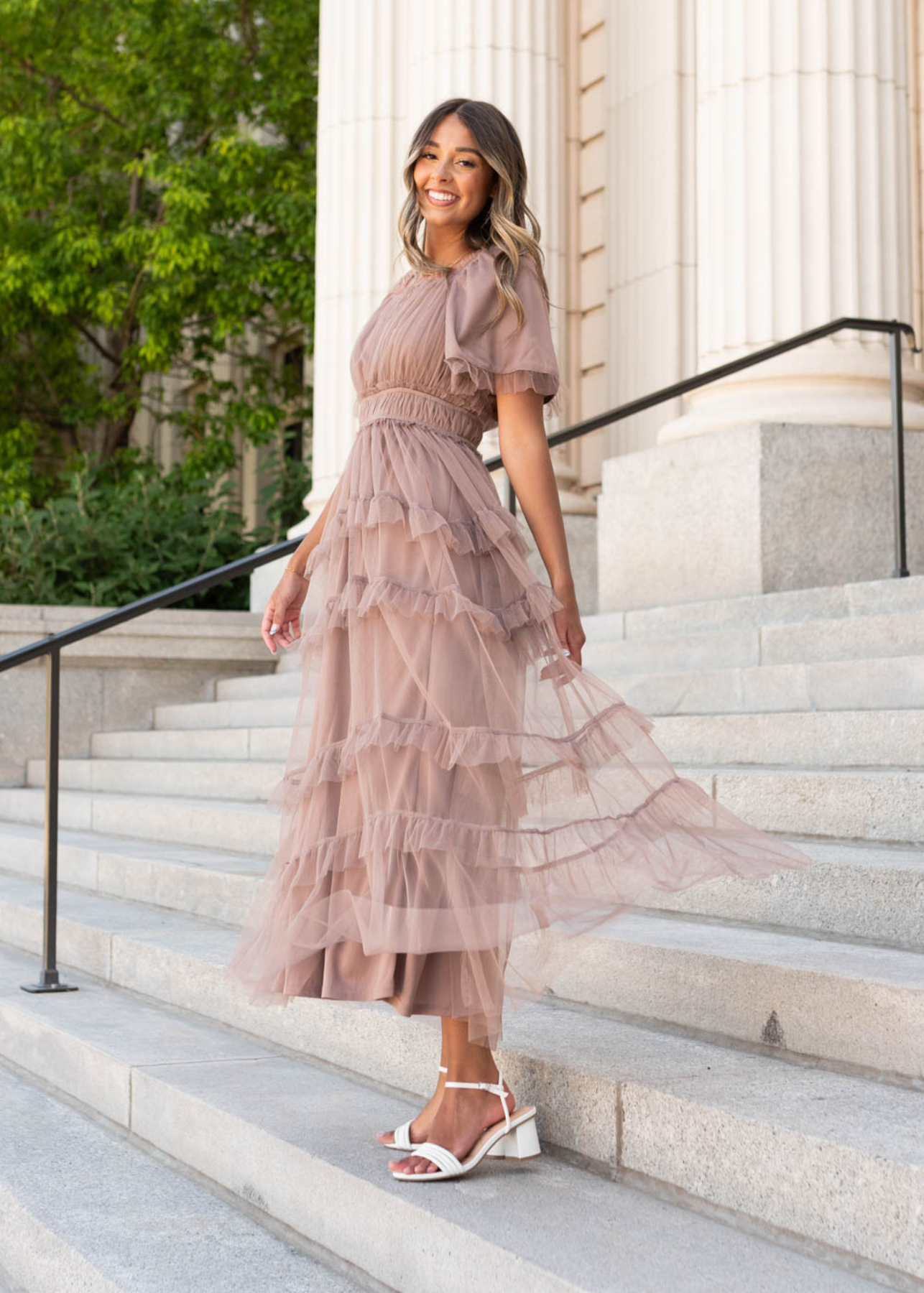 Mocha maxi dress with ruffle tulle skirt