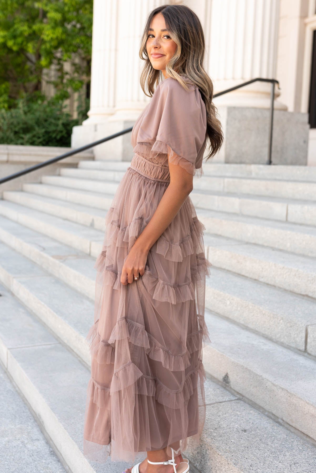 Side view of the mocha maxi dress