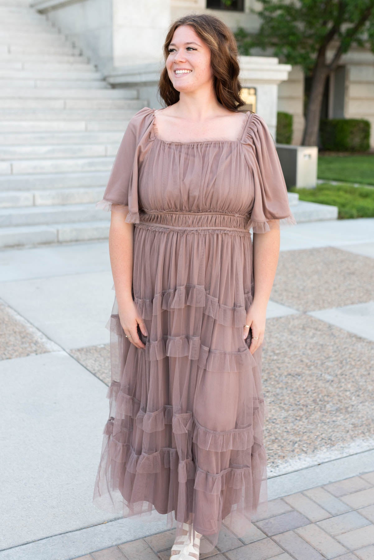 Short sleeve  plus size mocha maxi dress with a square neck.