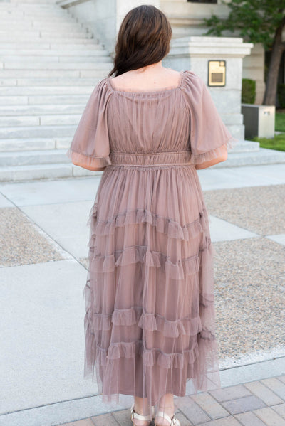 Back view of the plus size mocha maxi dress