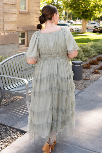 Back view of he plus size sage maxi dress