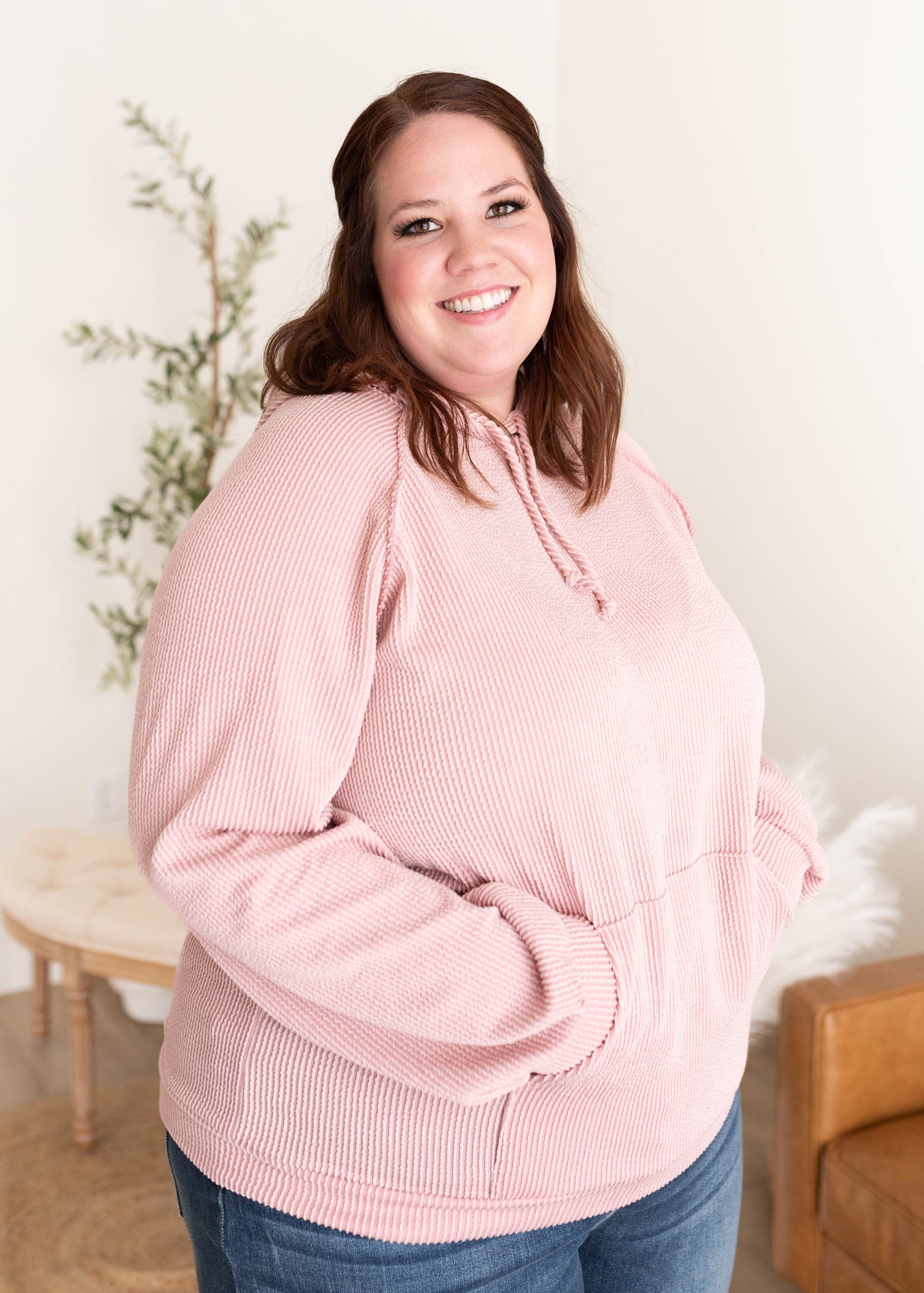 Long sleeve mauve textured hoodie in plus size