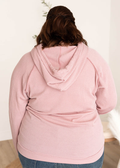 Back view of the mauve textured hoodie in plus size