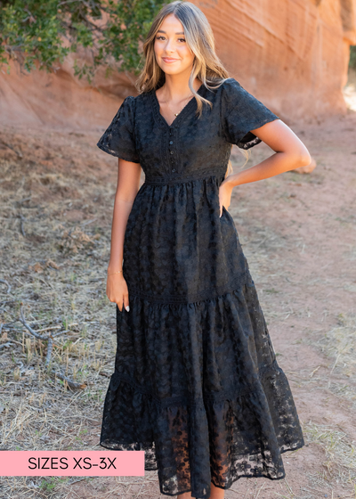 Black floral lace dress with tiered skirt