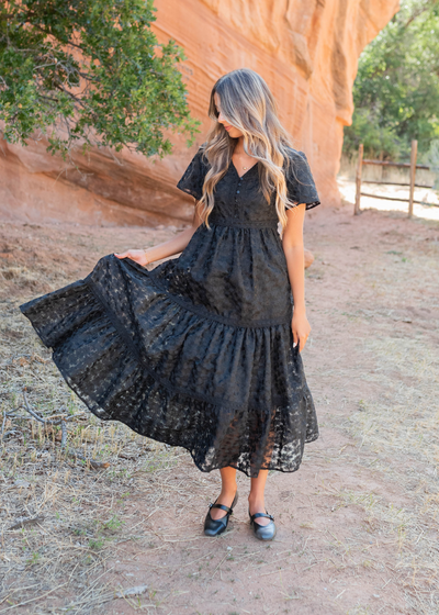 Short sleeve black floral lace dress