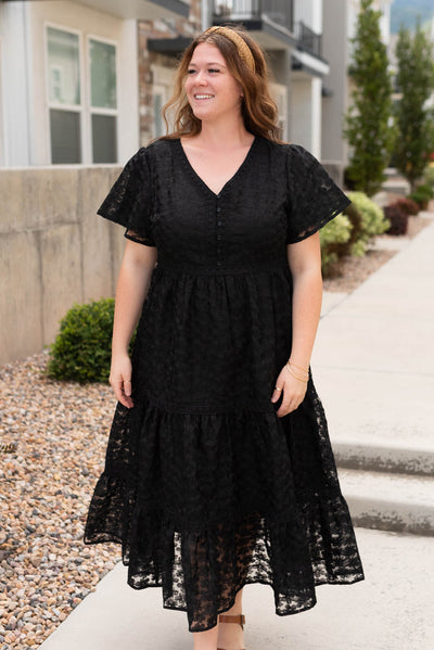 Plus size black floral lace dress with short sleeves