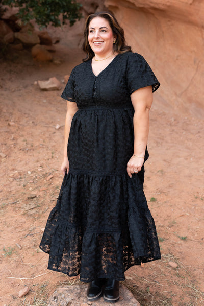 Short sleeve plus size black floral lace dress