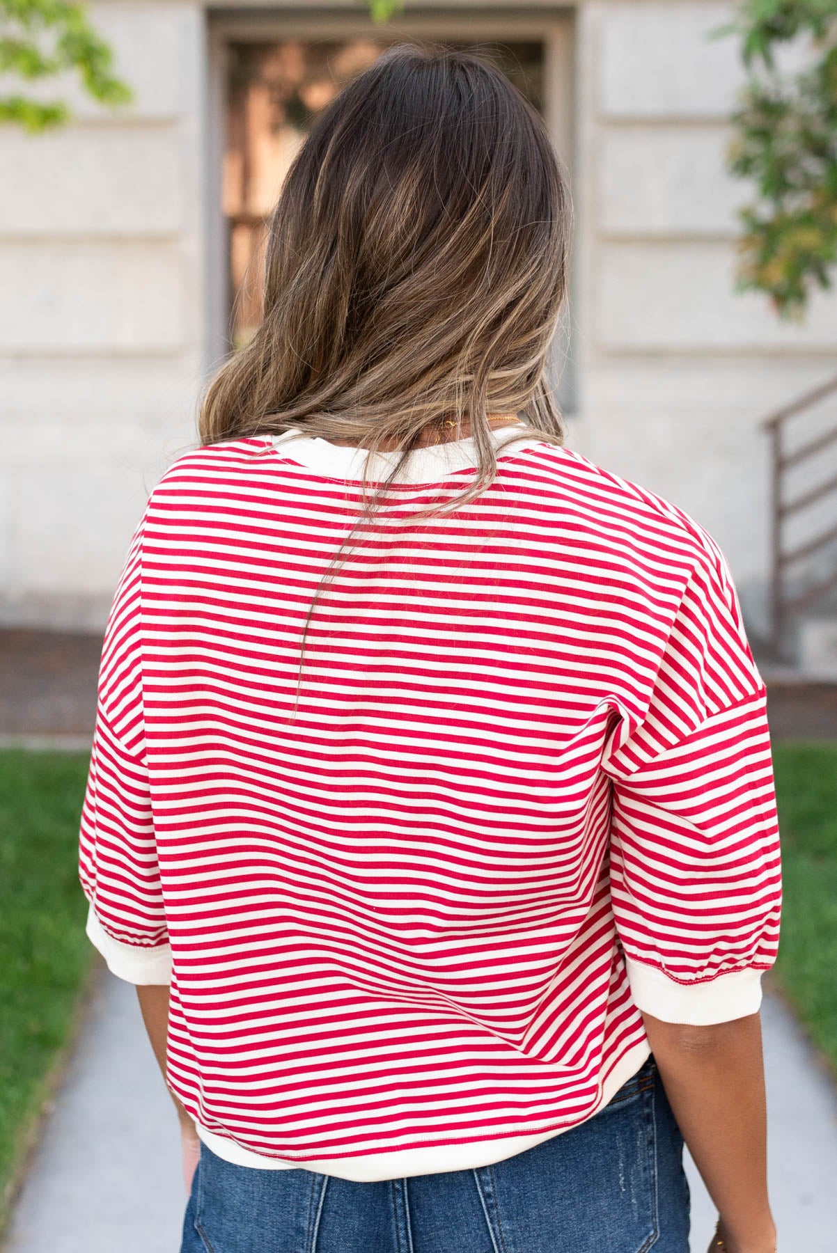 Back view of the red stripe top