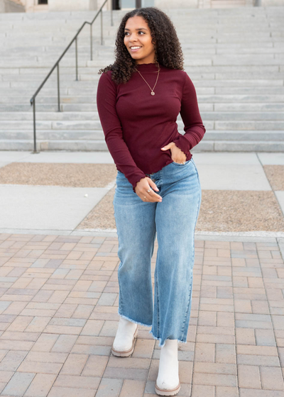 Long sleeve burgundy ruffle ribbed top