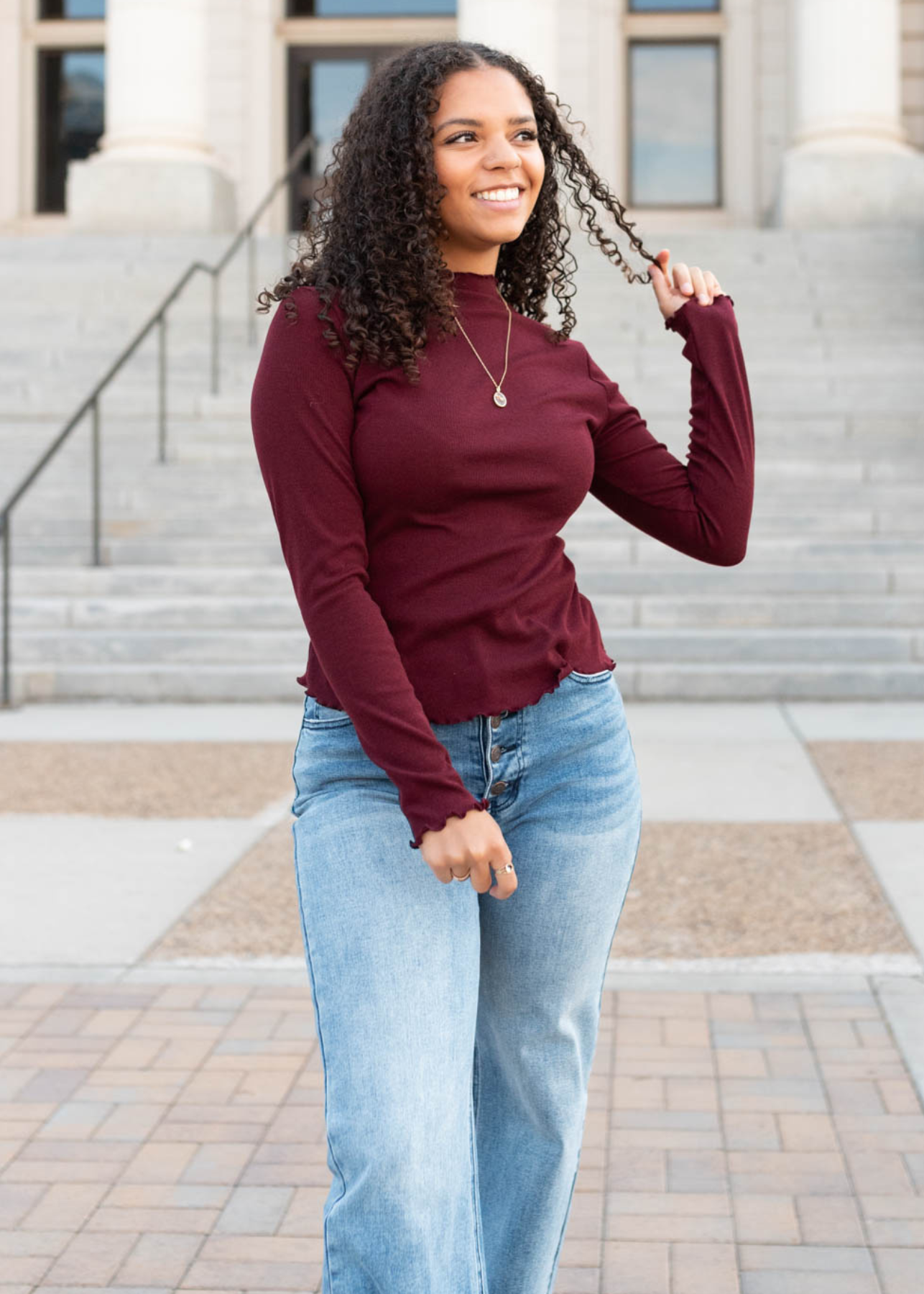 Burgundy ruffle ribbed top