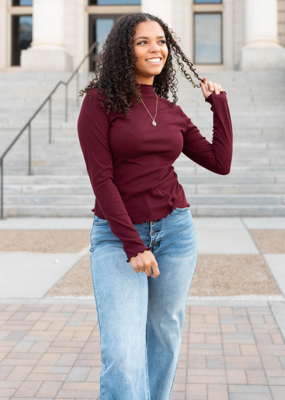 Burgundy ruffle ribbed top