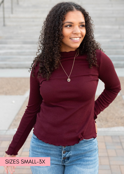 Burgundy ruffle ribbed top with high neck