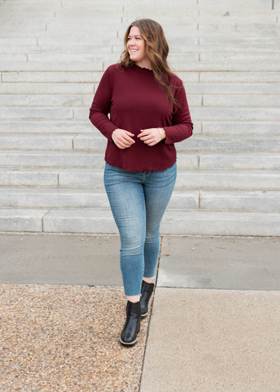 1x plus size burgundy ruffle ribbed top