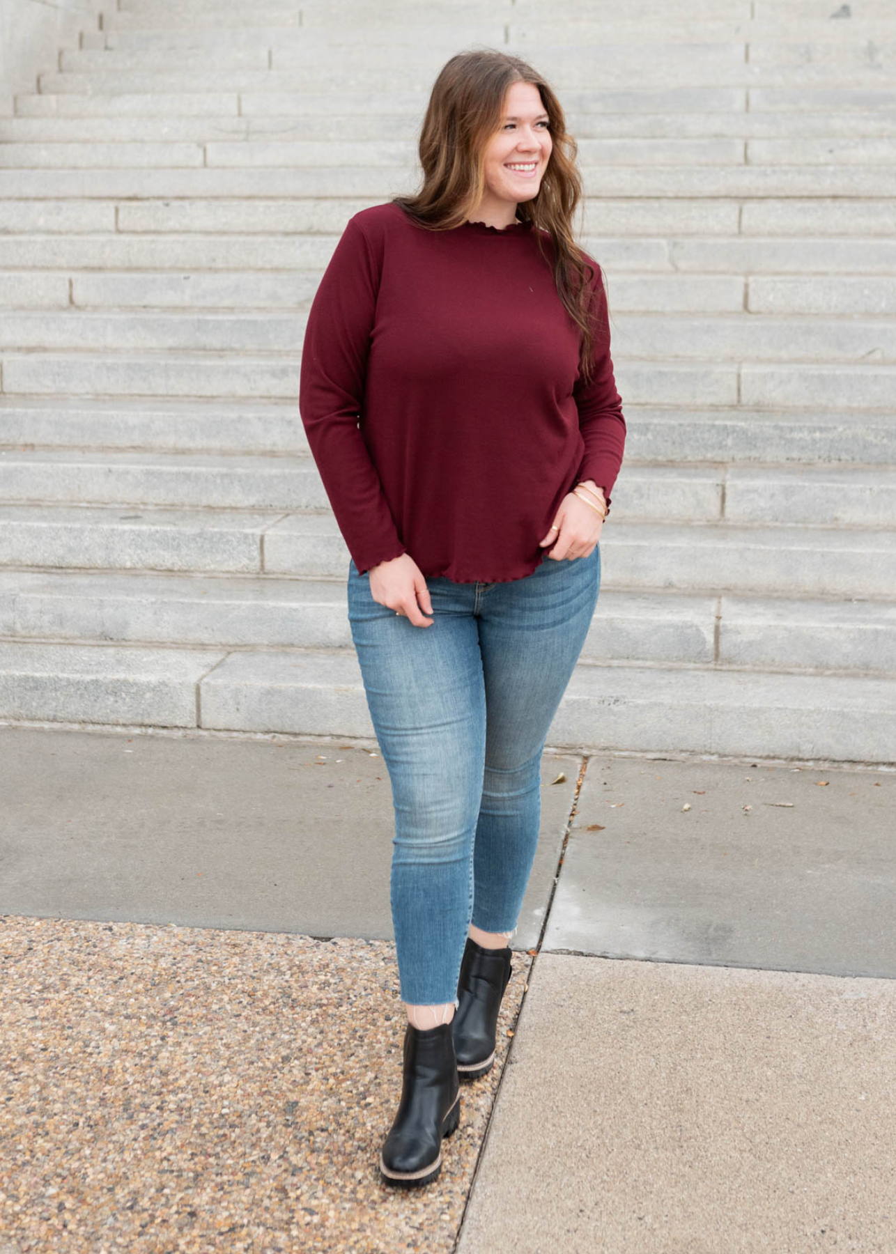 Plus size burgundy ruffle ribbed top with long sleeves