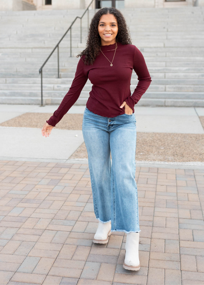 Burgundy ruffle ribbed top with long sleeves