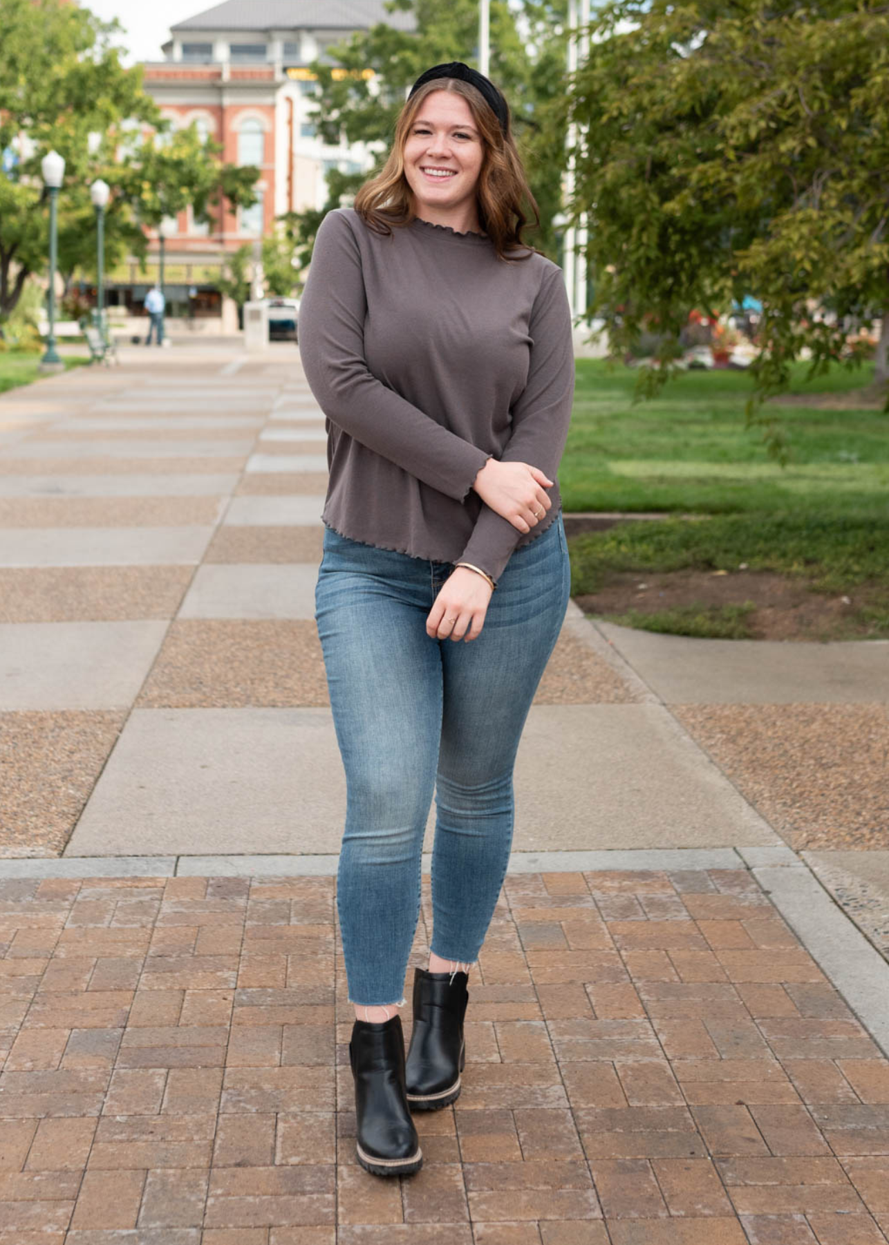 Long sleeve charcoal ruffle ribbed top