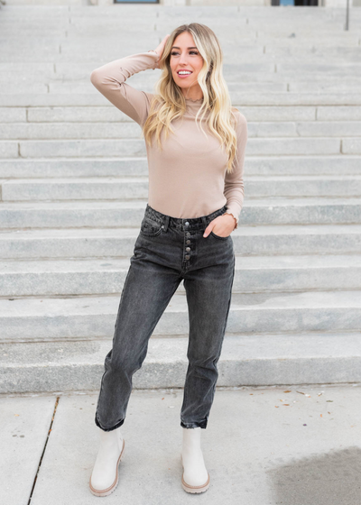 Tan ruffle ribbed top with long sleeves