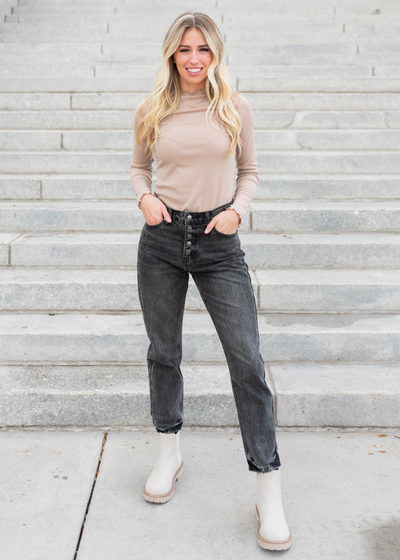 Long sleeve tan ruffle ribbed top