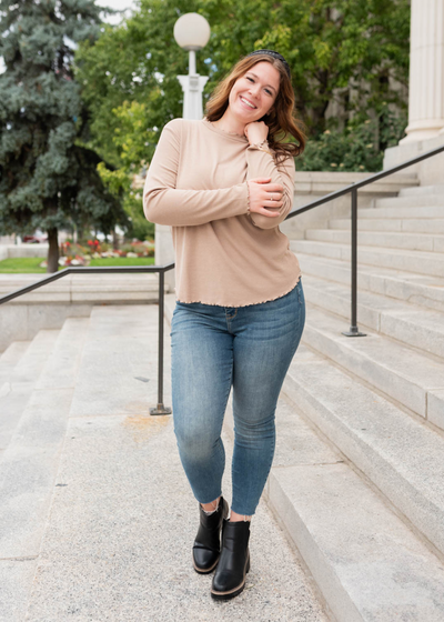 Plus size tan ruffle ribbed top