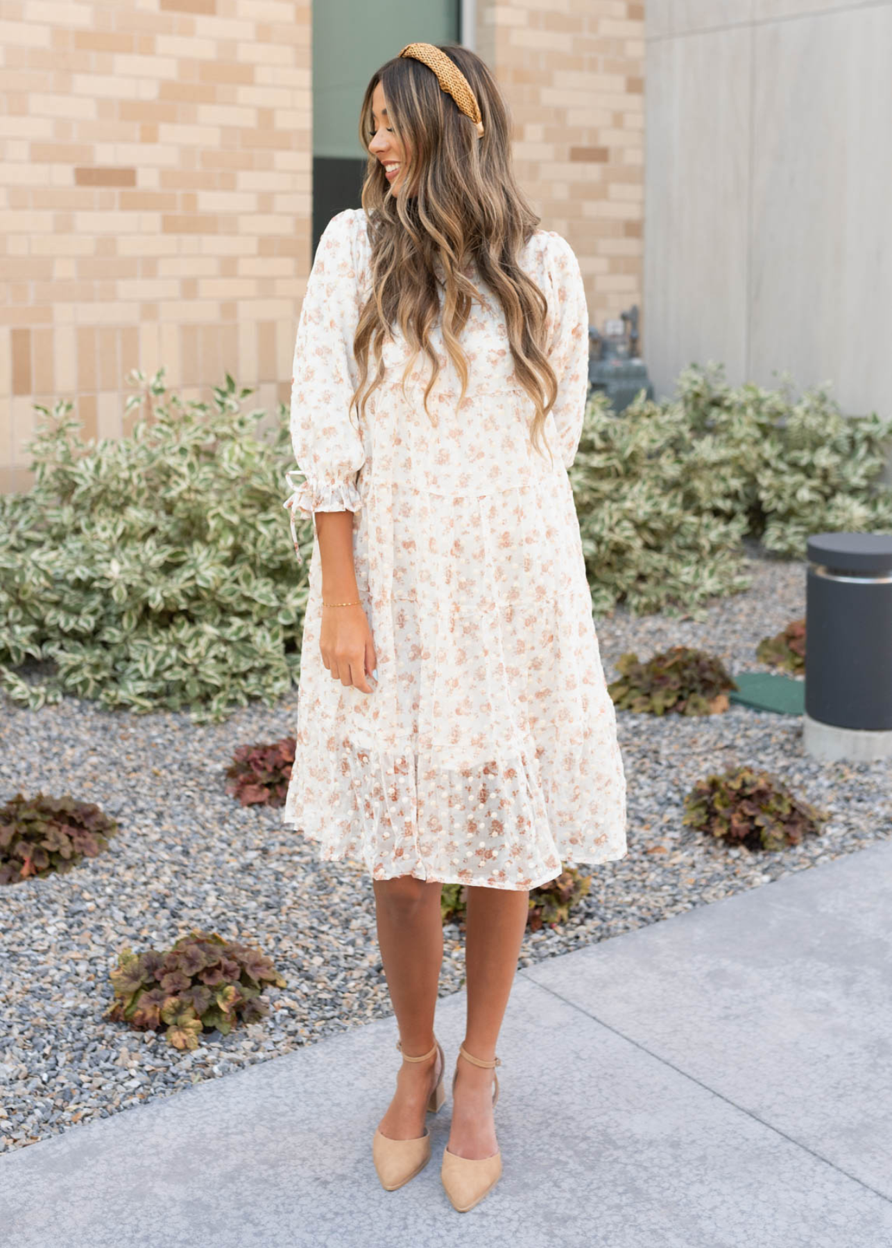 Below the knee cream floral dot dress