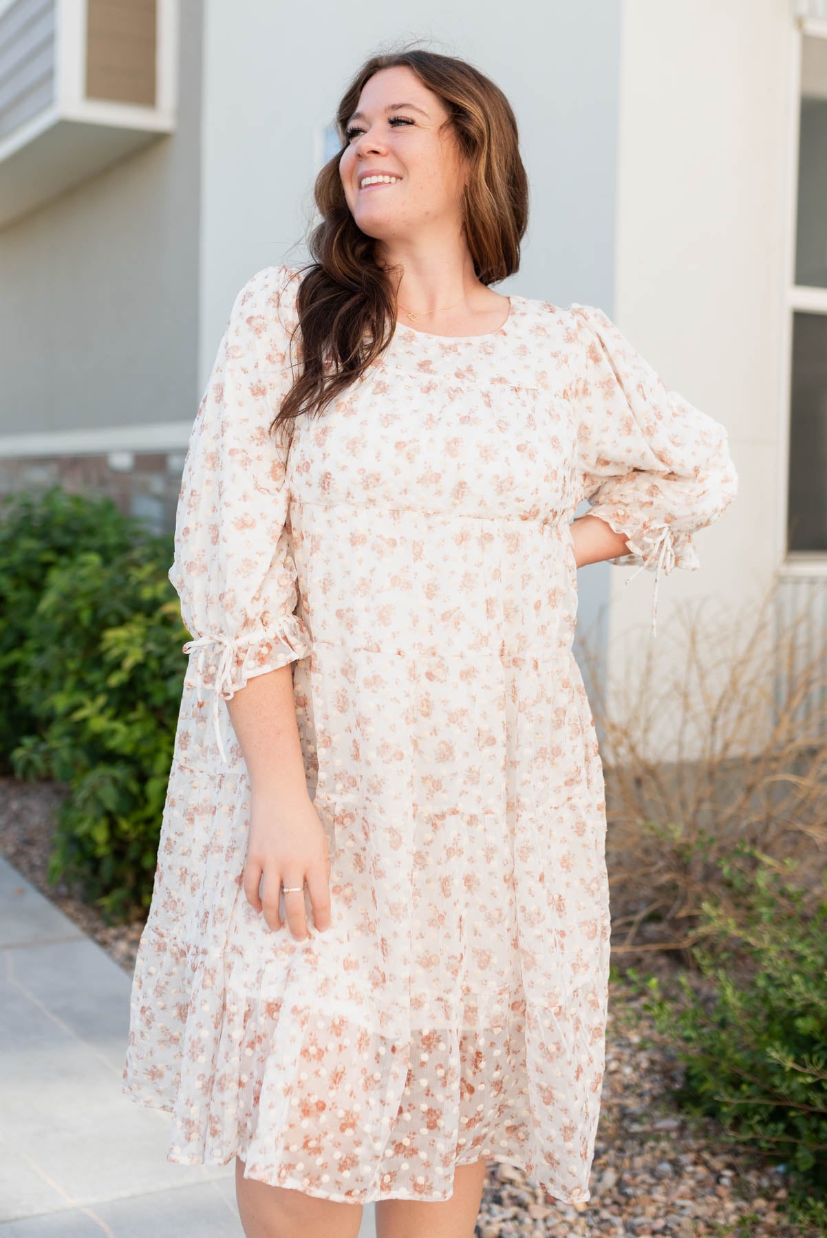 Plus size cream florla dot dress with long sleeves