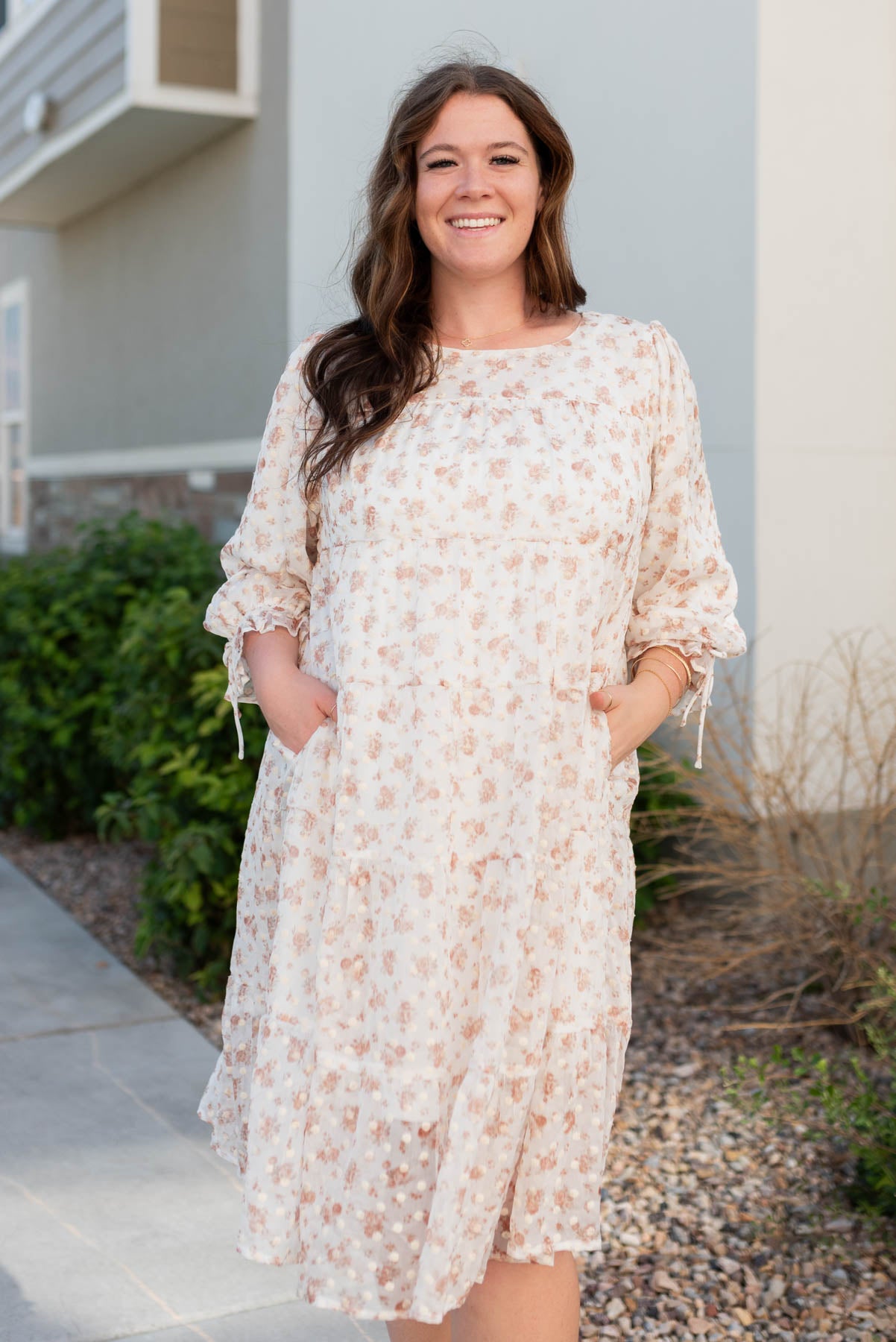 Long sleeve plus size cream floral dot dress