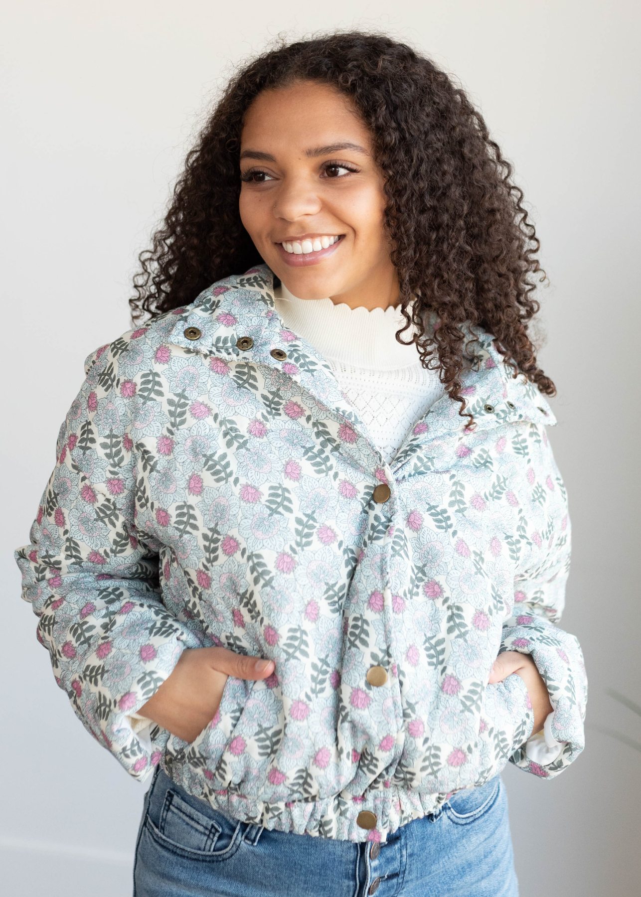 Snap up sage floral puffer jacket