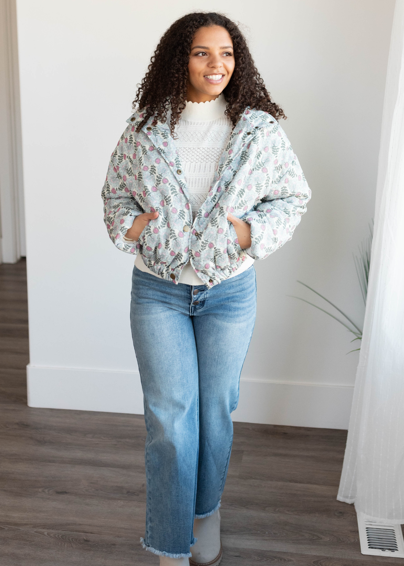 Sage floral puffer jacket with long sleeves