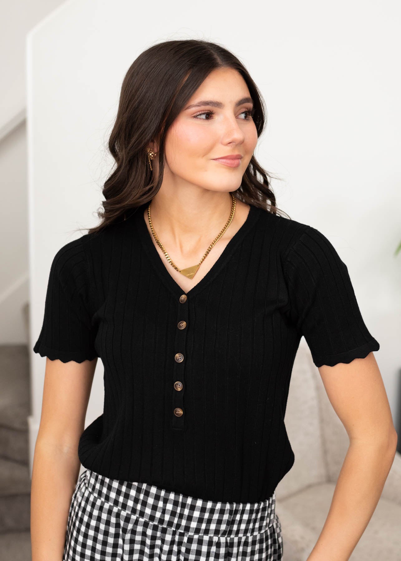 Black button top with short sleeve sweater