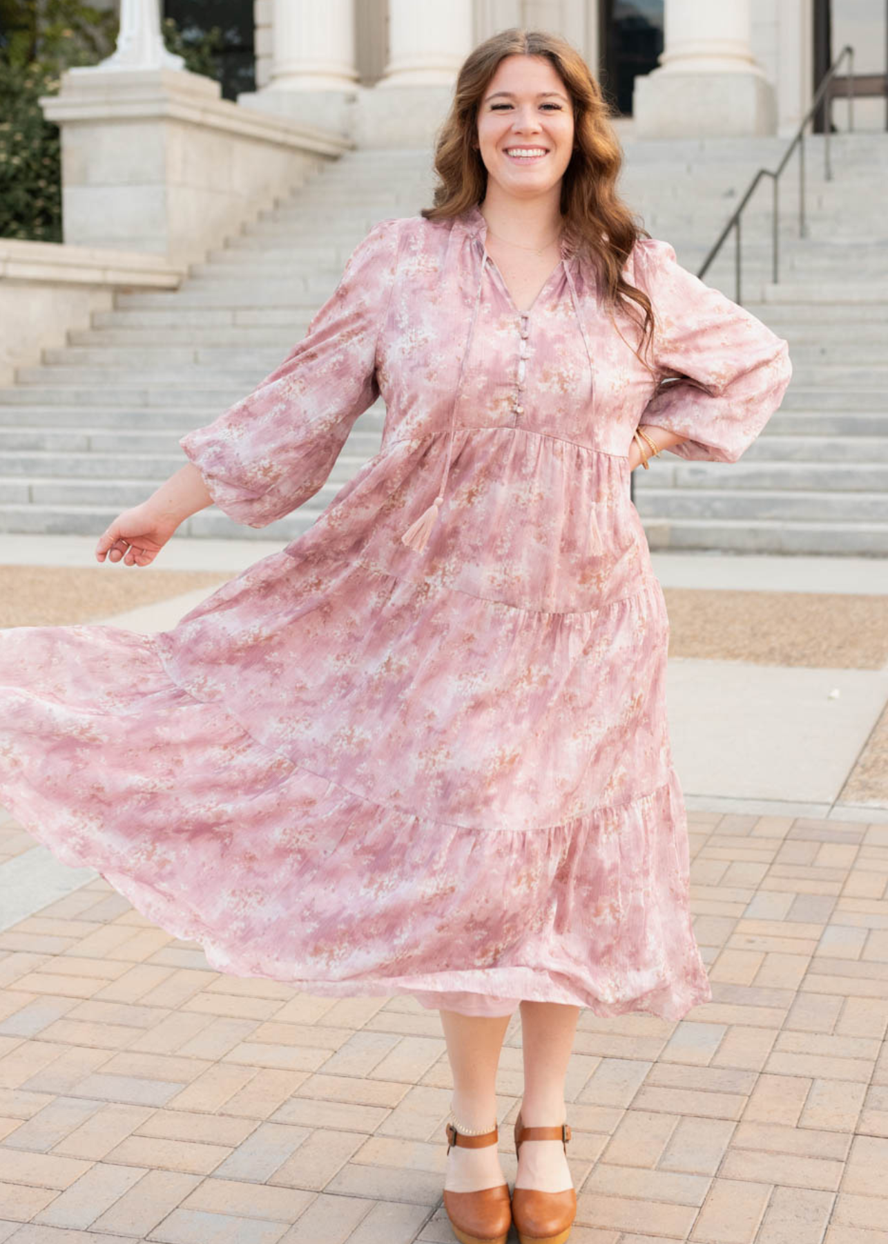 Long sleeve mauve floral tiered dress in plus size