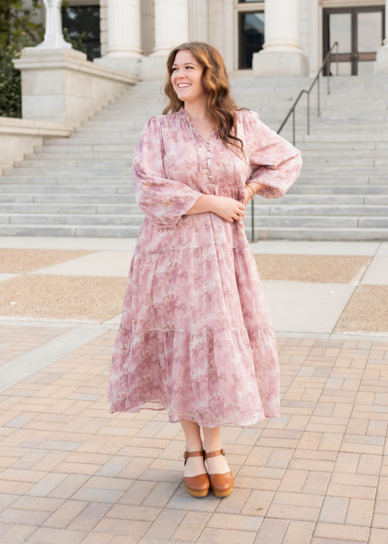 Plus size mauve floral tiered dress