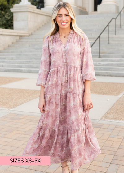 Ruffle around the neck on the mauve floral tiered dress