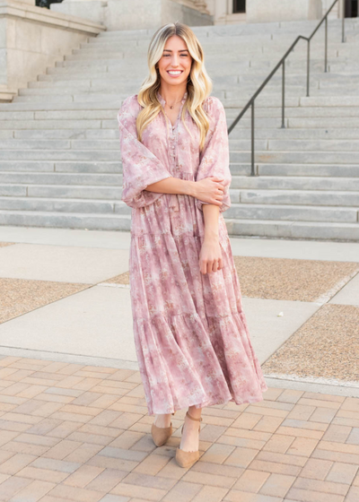 Mauve floral tiered dress with ties at the neck