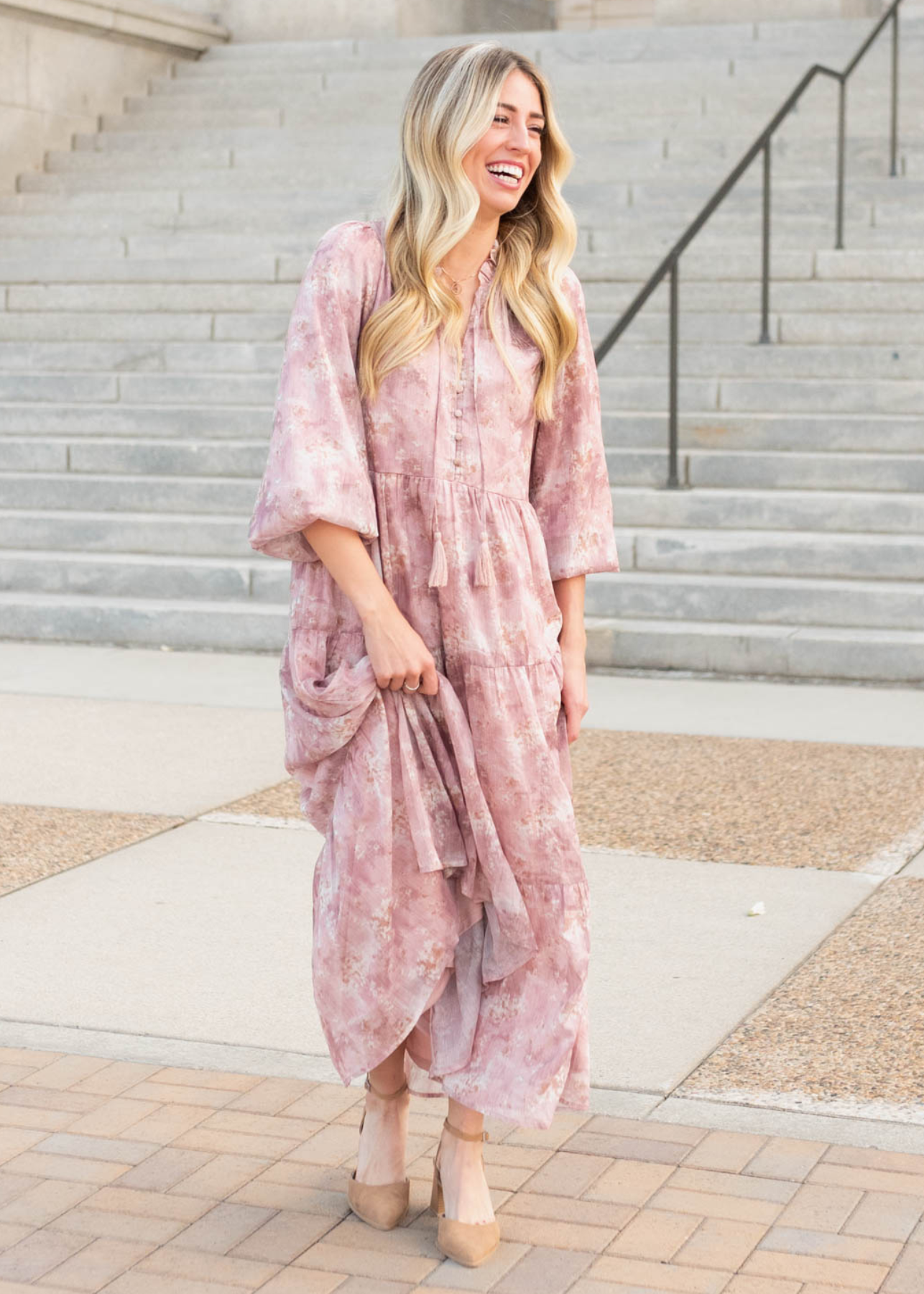 Button up bodice on the mauve floral tiered dress