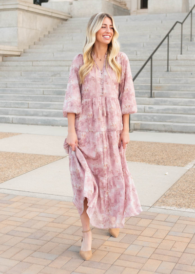 Mauve floral tiered dress with long sleeves