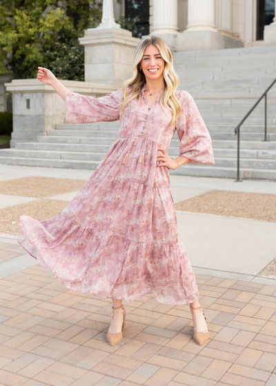 Long sleeve mauve floral tiered dress