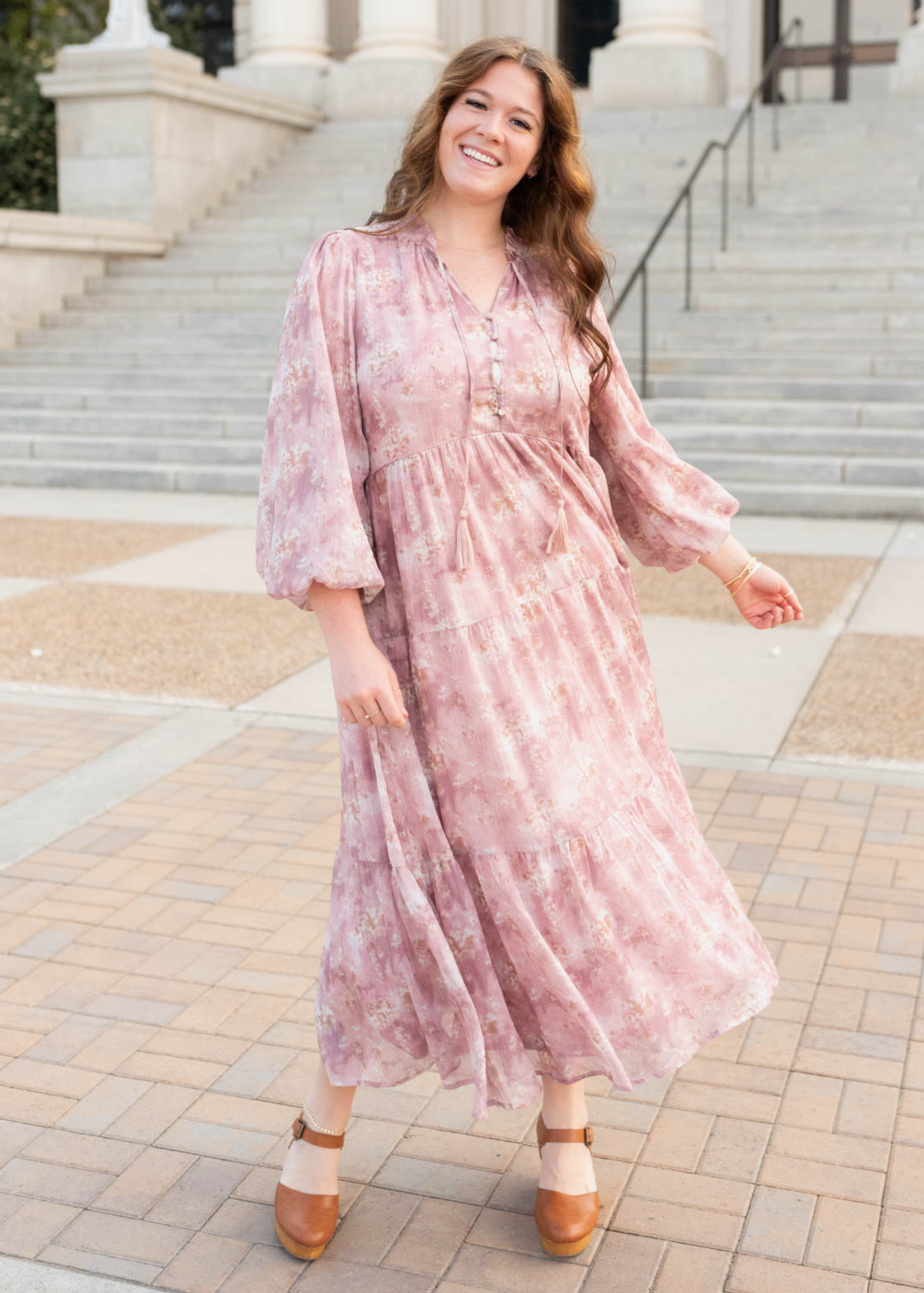 Mauve floral tiered dress with buttons on the bodice in plus size