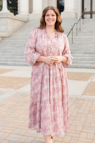 Front view of the mauve floral tiered dress in plus size