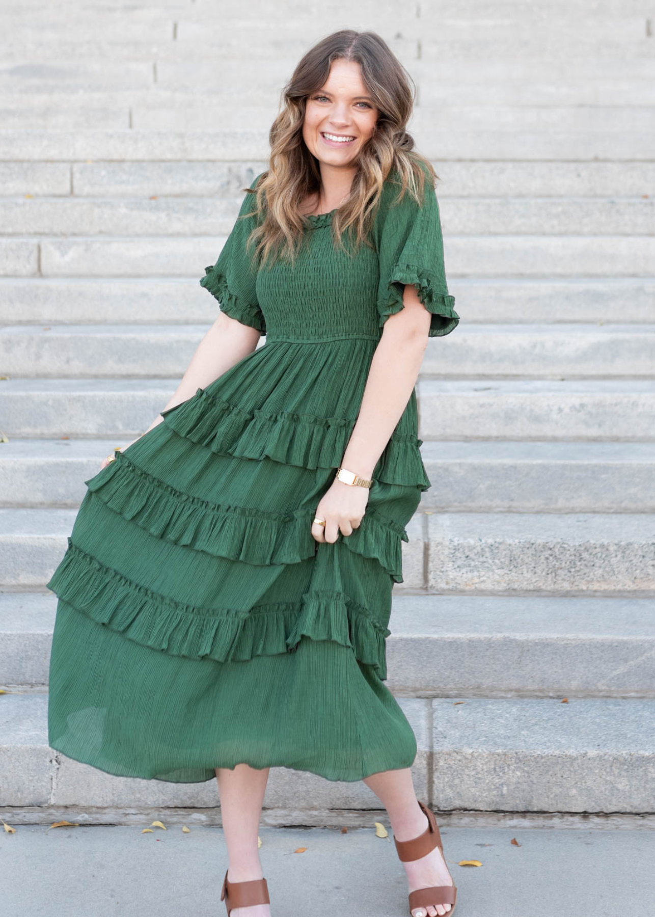 Short sleeve green ruffle tiered dress