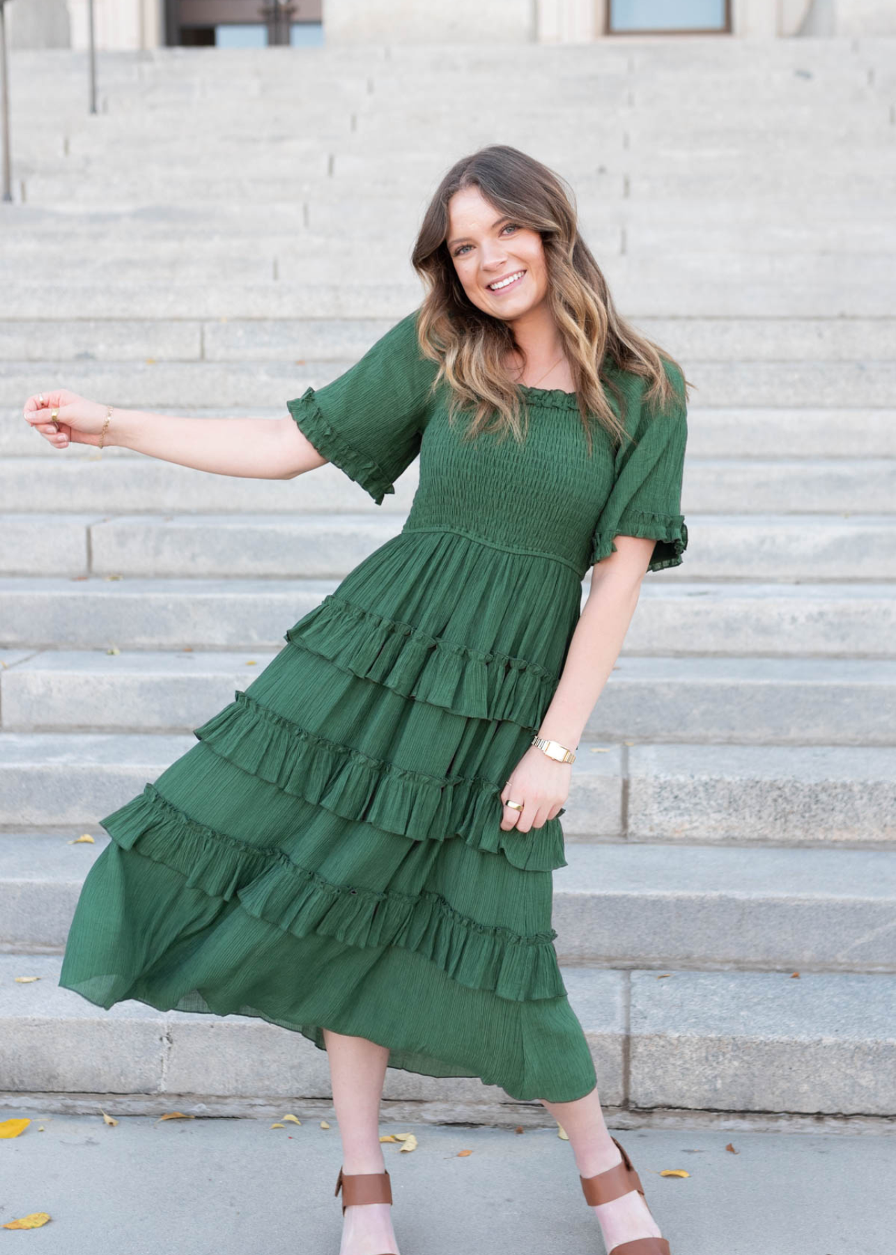 Green ruffle tiered dress