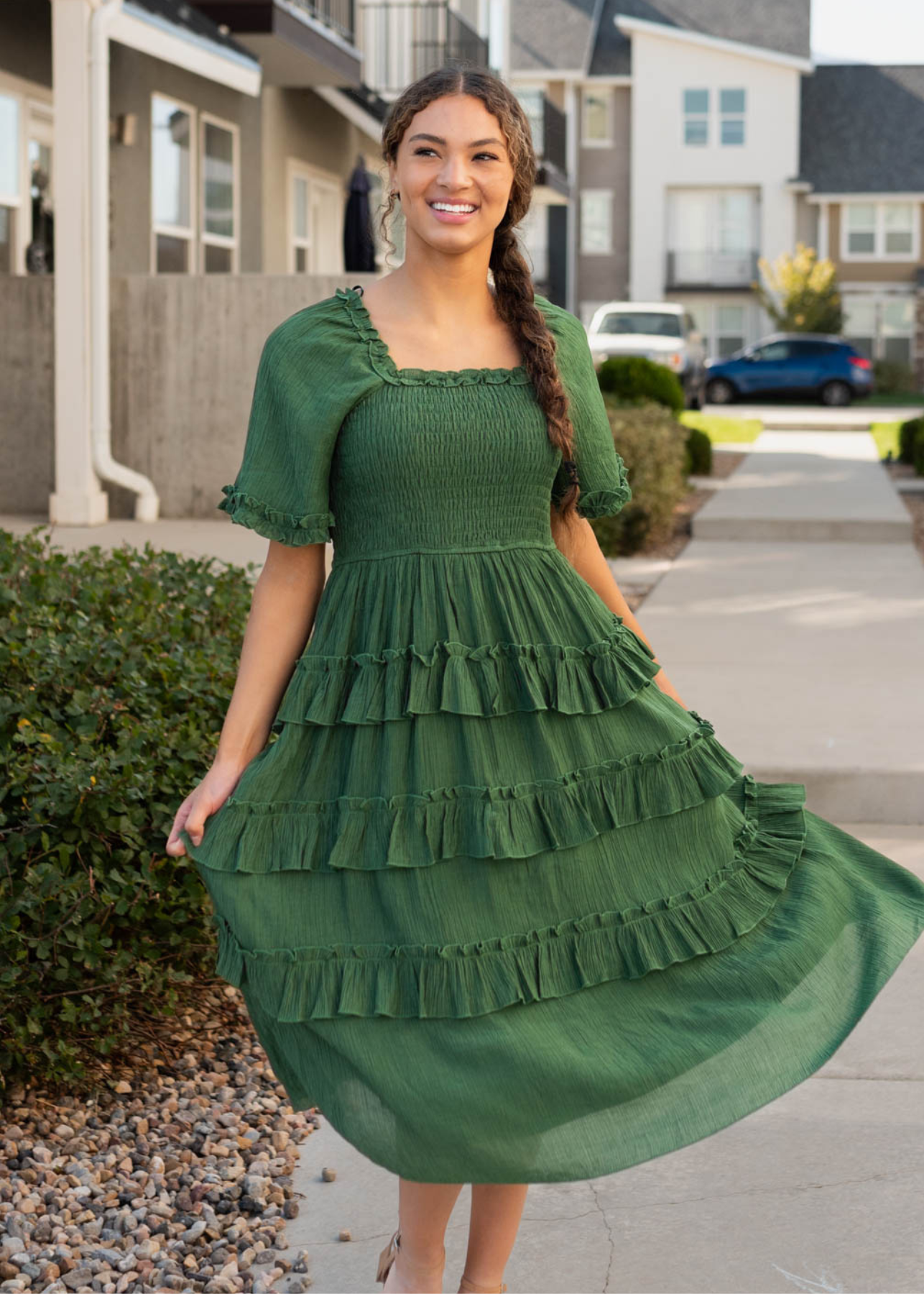 Short sleeve green ruffle tiered dress